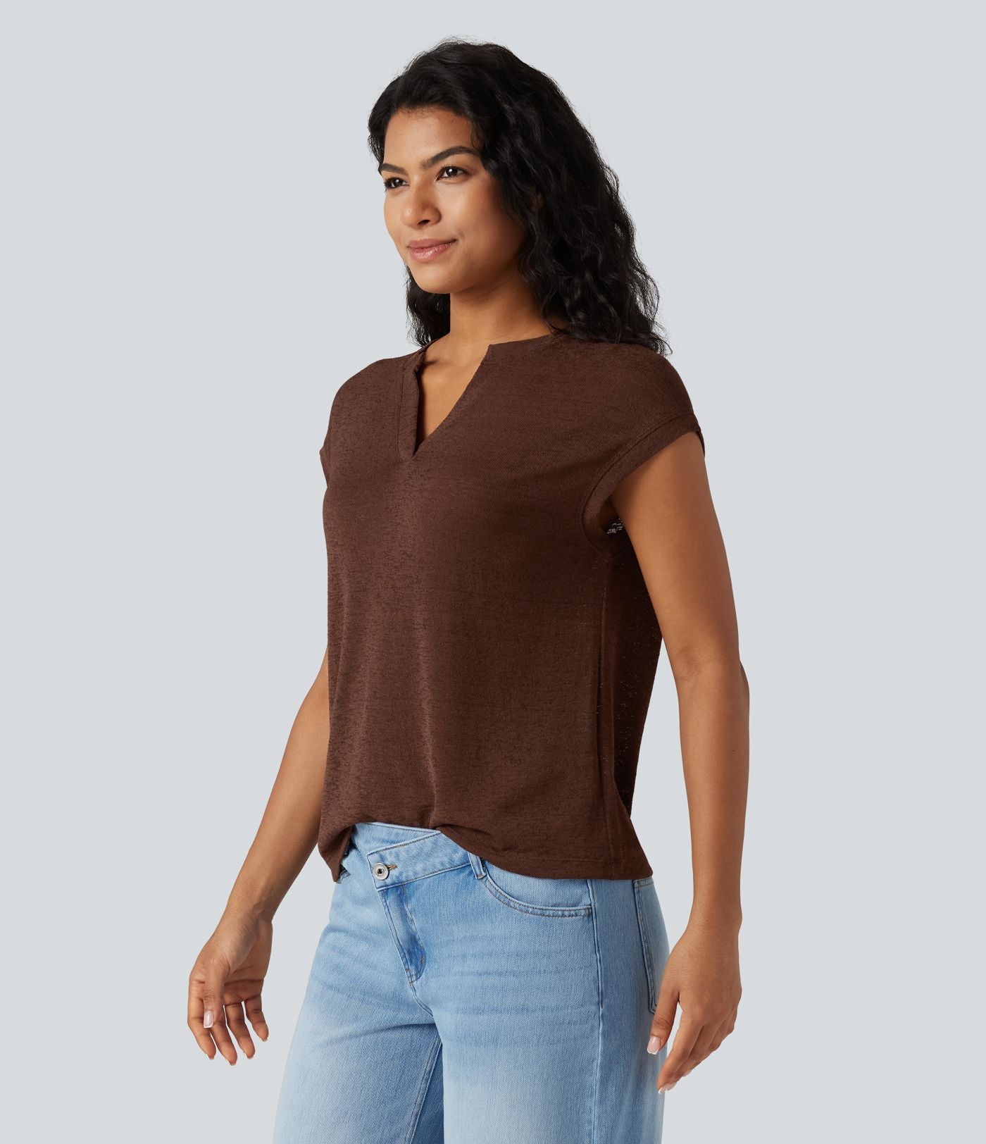 T-shirt décontracté semi-transparent col cranté manches courtes