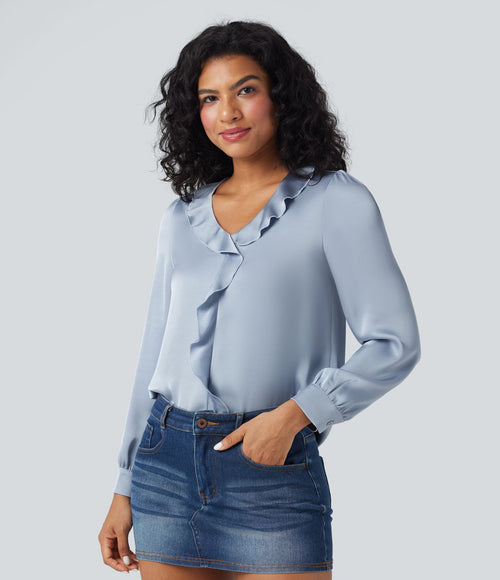 Chemise décontractée en satin col V manches longues à finitions volants