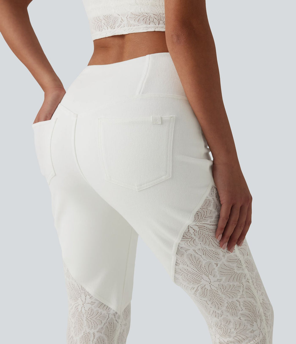 Halara Flex™ Jean évasé casual taille haute ventre plat croisé dentelle contrastée avec poches