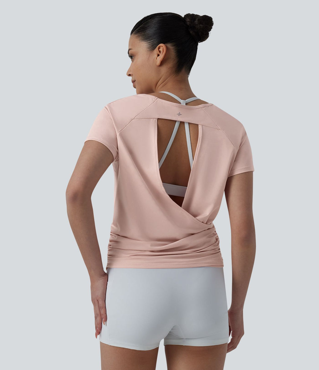 Haut sport yoga col rond manches raglan courtes dos découpé froncé