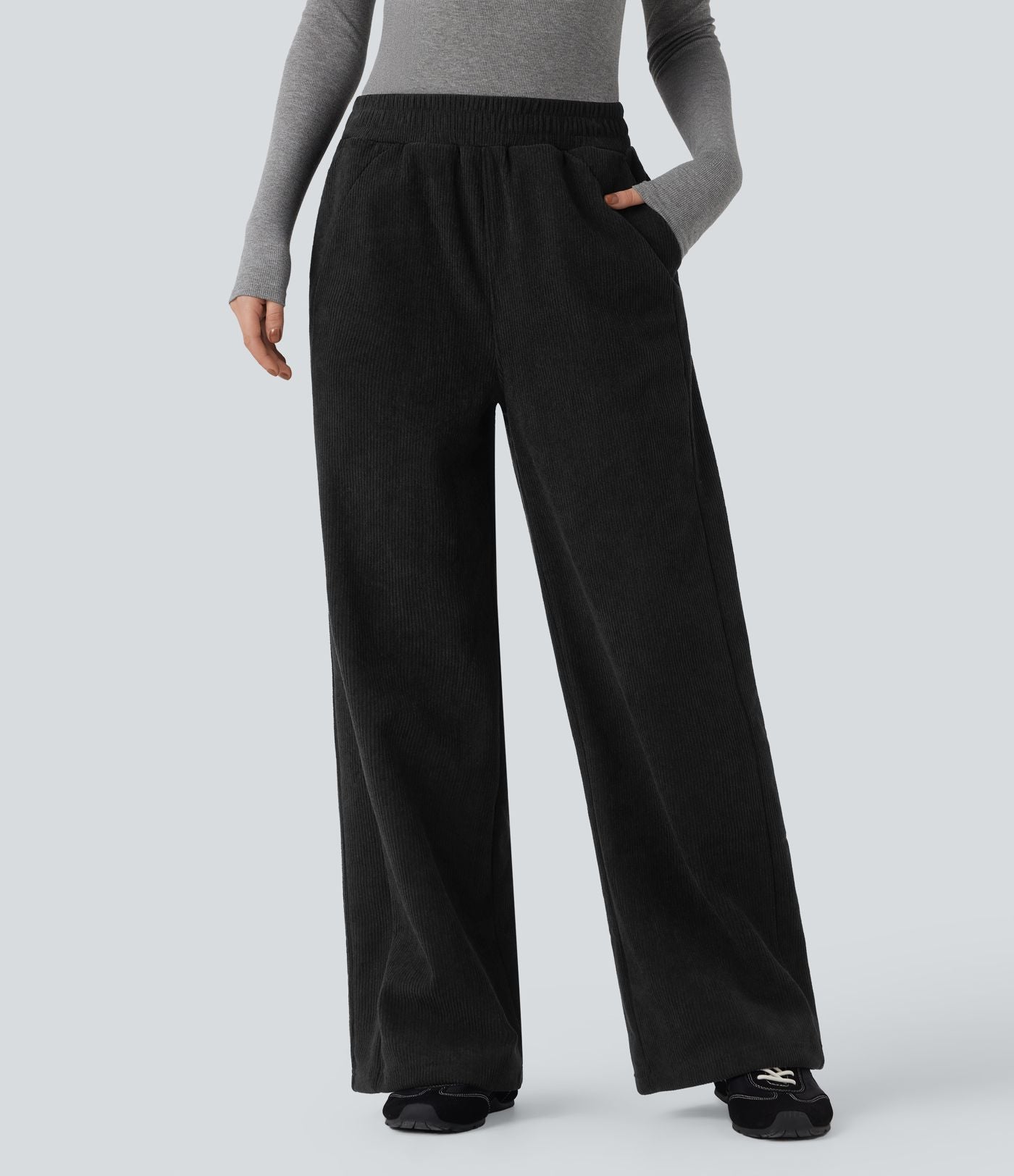 Pantalon droit en velours côtelé molletonné taille haute avec poches