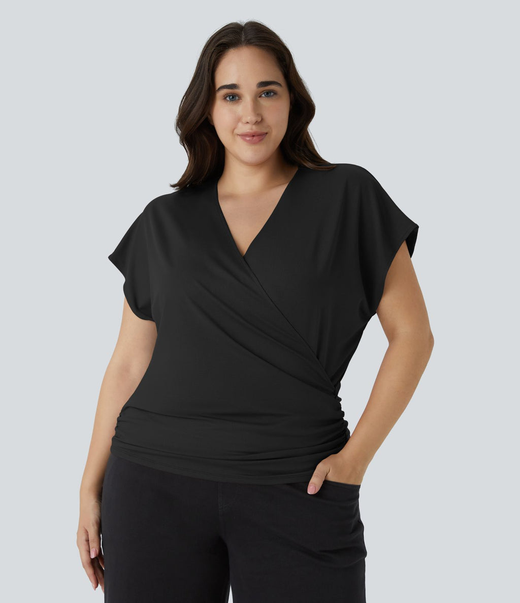 Blouse Travail Unie Froncée Croisée Manches Courtes Col en V Grande Taille