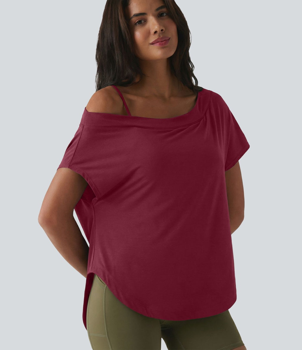 Top de yoga à une épaule, manches courtes, ourlet asymétrique et soutien-gorge intégré à séchage rapide