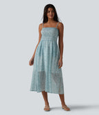 Robe nuisette midi casual fluide en mousseline à imprimé floral, fronces et bretelles réglables avec poches