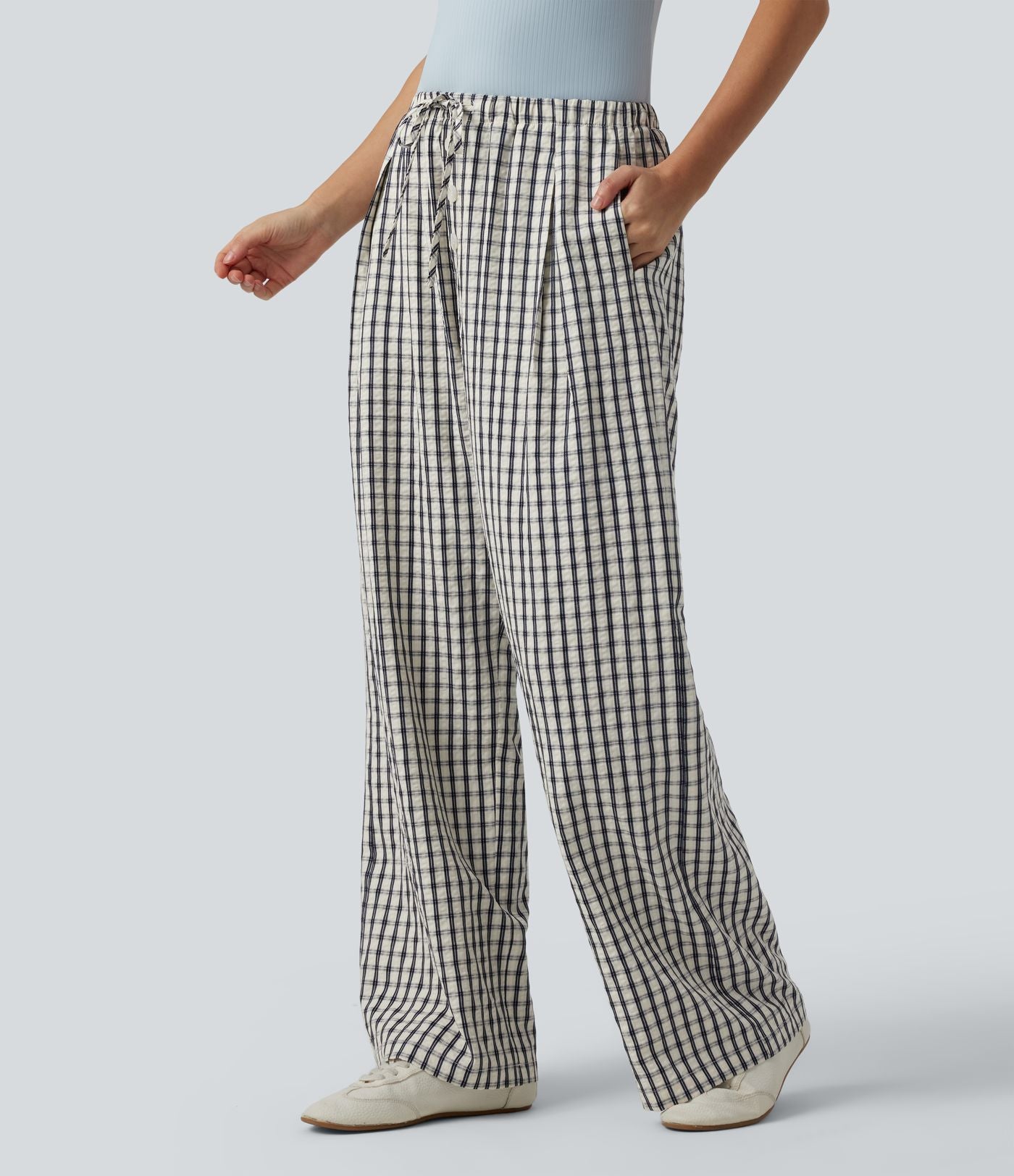 Pantalon large décontracté à carreaux taille mi-haute avec cordon de serrage et poches