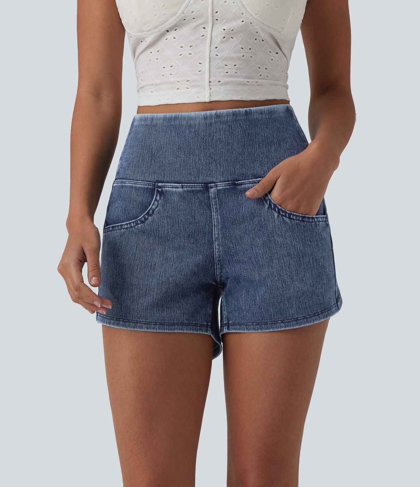 Halara Flex™ Short casual en jean skinny gainant taille haute à ourlet arrondi avec poches
