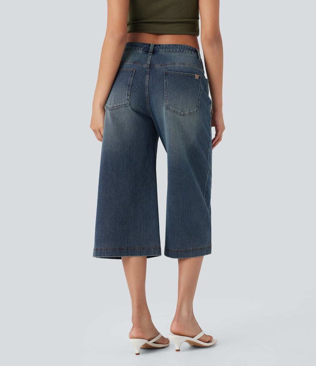 Jean capri décontracté Halara Flex™ baggy taille basse en maille extensible délavée avec poches