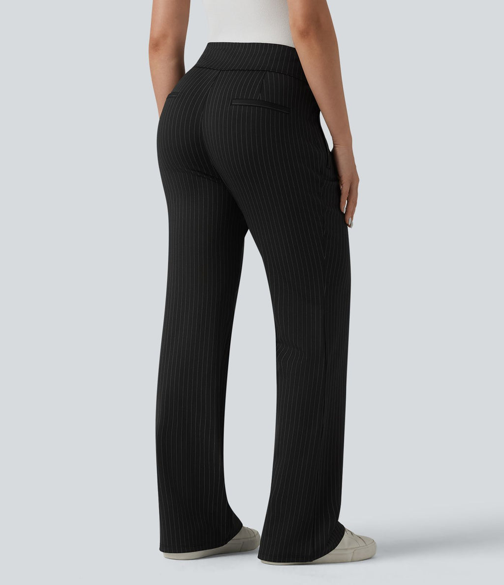 Pantalon tailleur évasé taille mi-haute à rayures, avec poches