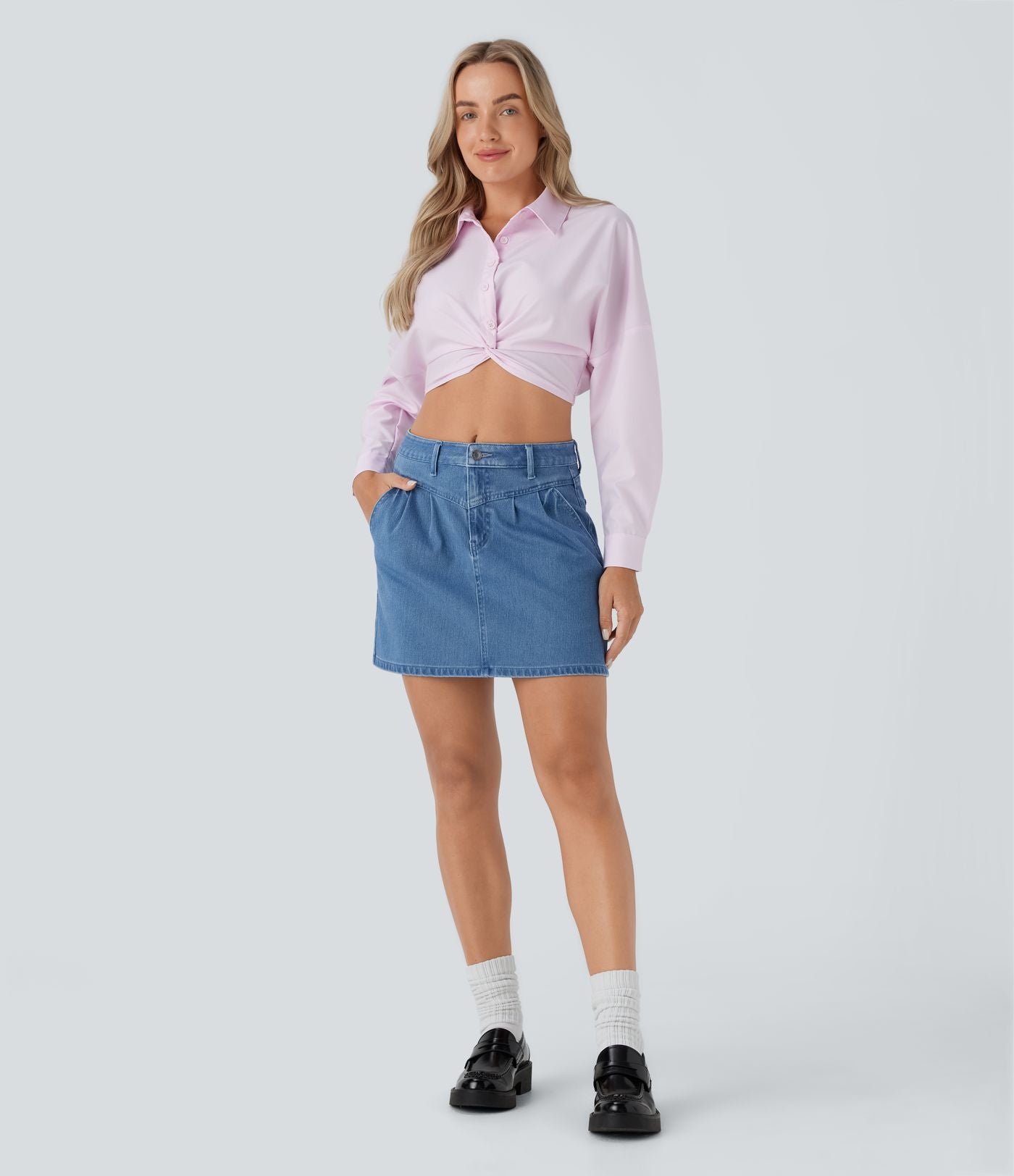 Halara Flex™ jupe patineuse mini taille moyenne en jean extensible avec boutons, fermeture éclair et poches multiples