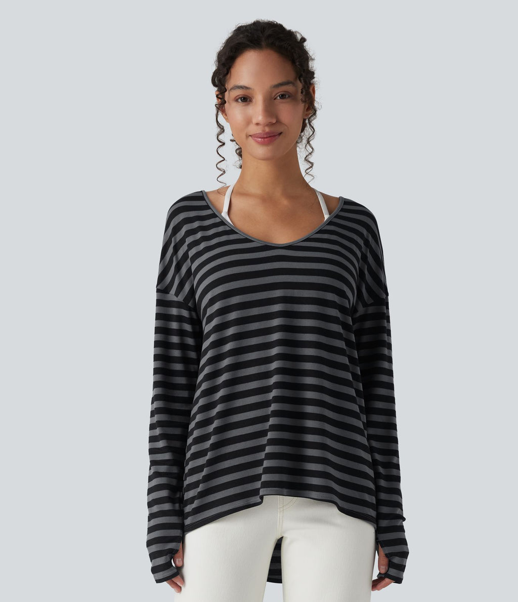 T-shirt ample décolleté plongeant manches longues à rayures et trous pour les pouces - Réversible devant et dos