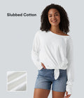 T-shirt casual en coton col bateau manches longues avec trous pour pouces et liens latéraux