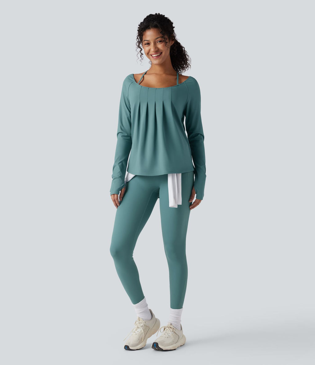 Top de sport yoga 2-en-1 SoftlyZero™ Airy dos nu croisé à manches longues avec passage de pouce, fronces et ourlet courbe - UPF50+
