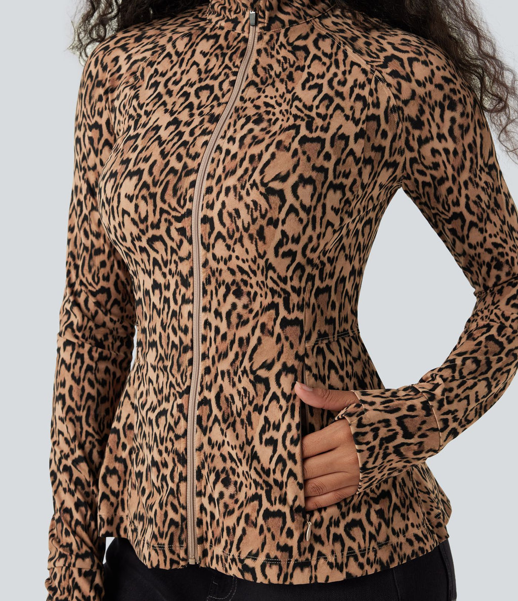 Veste décontractée Halara UltraSculpt™ imprimé léopard col montant manches longues avec trous pour pouces et poches