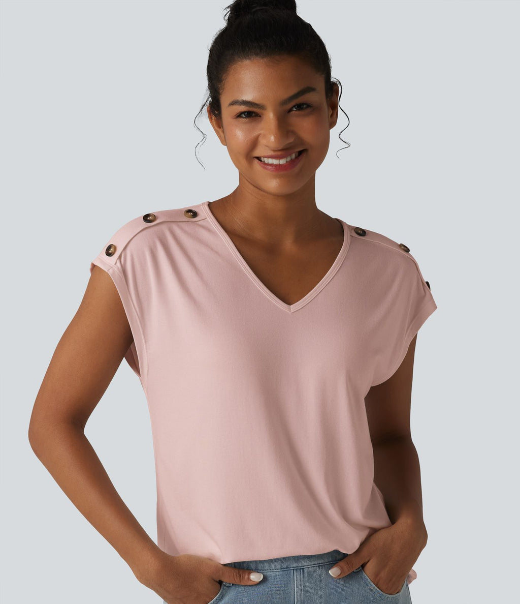 T-shirt décontracté col V manches courtes boutons décoratifs