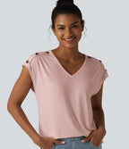 T-shirt décontracté col V manches courtes boutons décoratifs