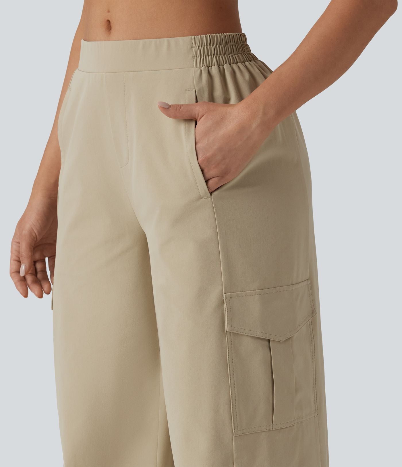 Pantalon cargo décontracté en popeline stretch taille mi-haute, coupe jambe large avec poches