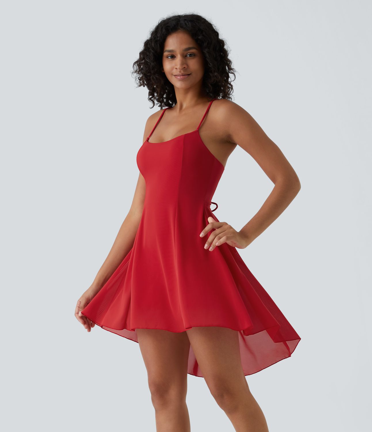 Robe de sport danse mini 2-en-1 laçage asymétrique résille contrastante fluide avec poche A-D