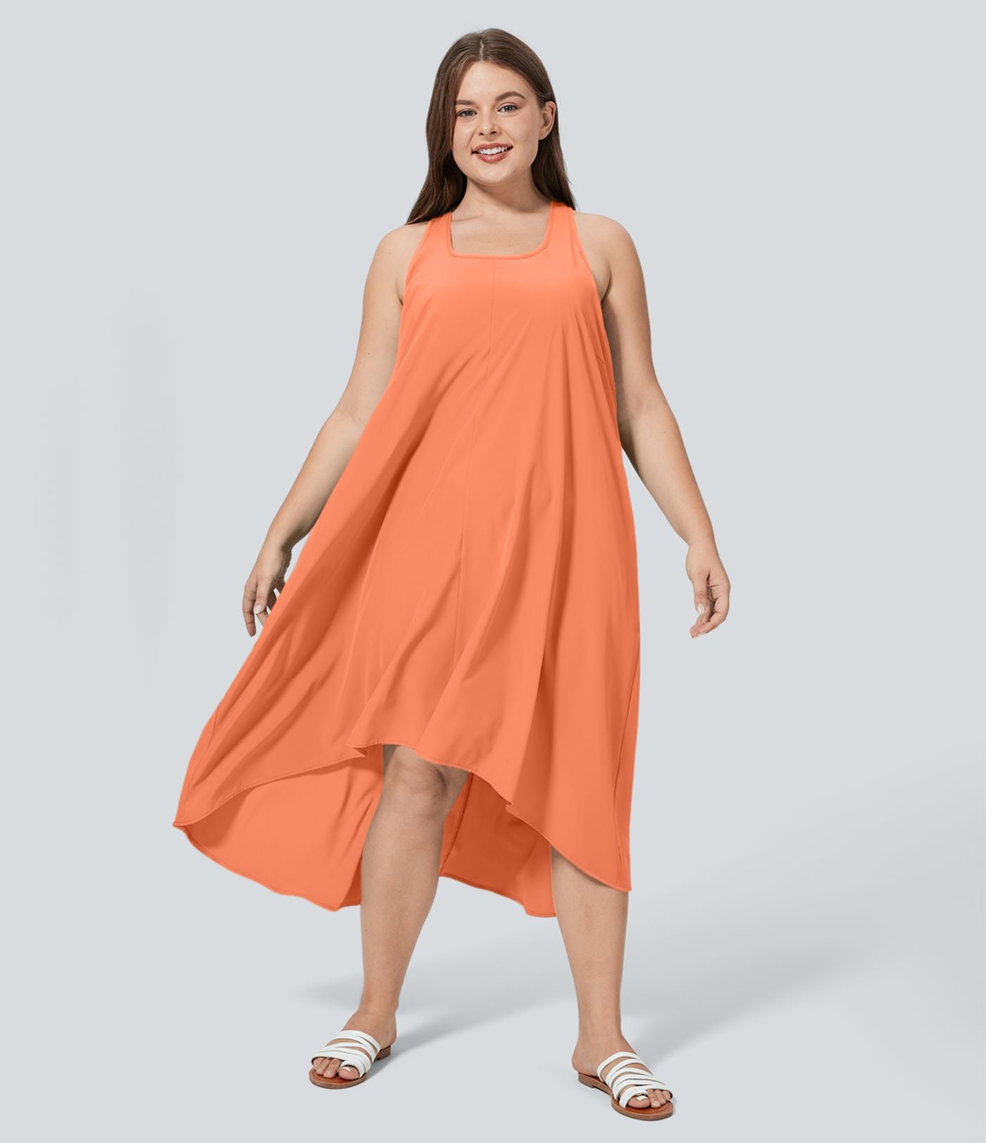 Breezeful™ Dos Nu Racerback Poche Latérale Haut Bas Fluide Midi Séchage Rapide Décontracté Robe Grande Taille