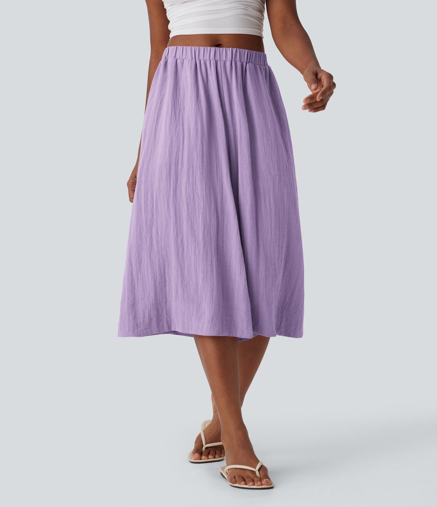 Pantalon fluide large taille mi-haute effet lin avec poche