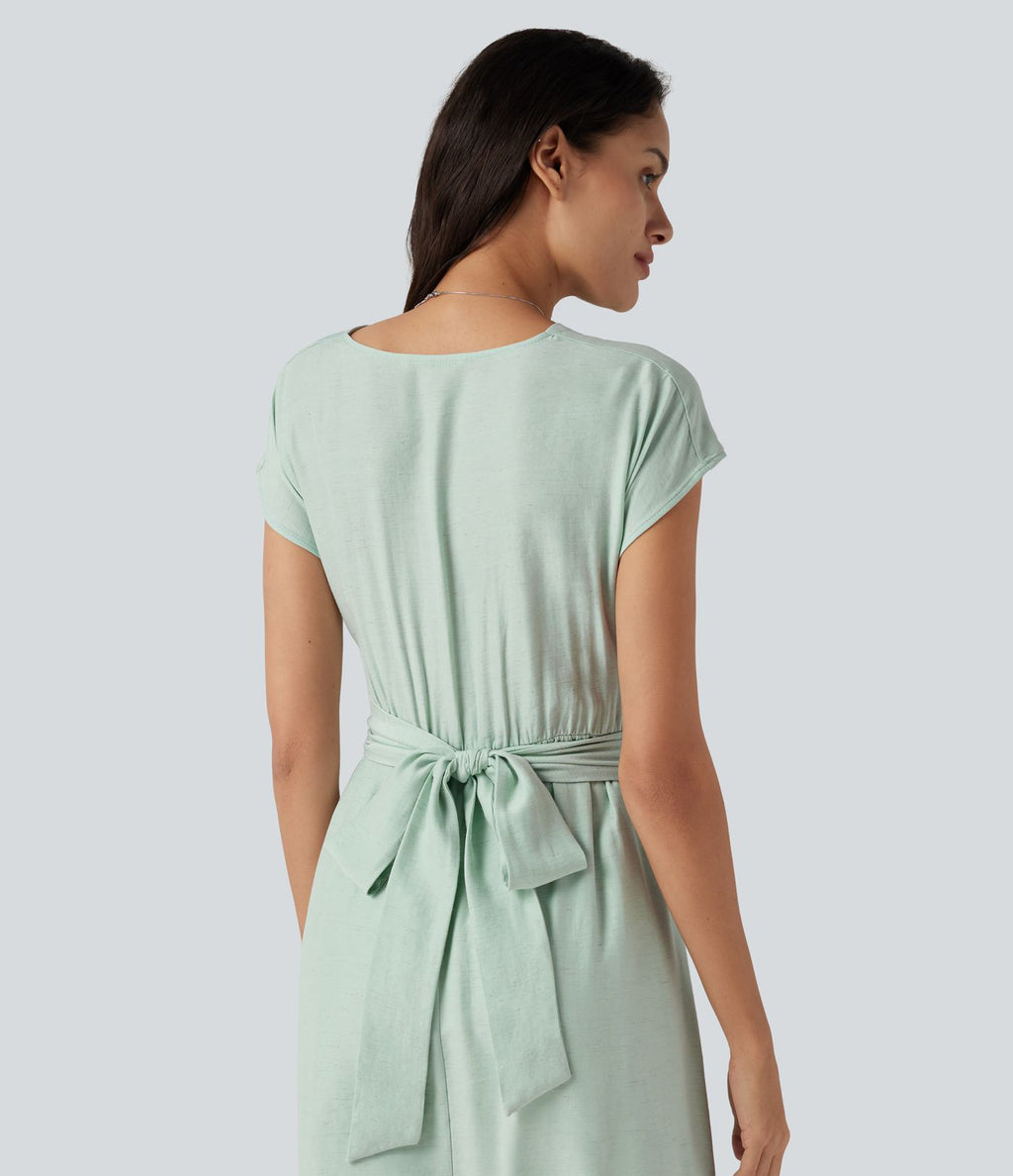 Robe midi casual fluide en mélange de lin col V à manches courtes avec dos noué et poches