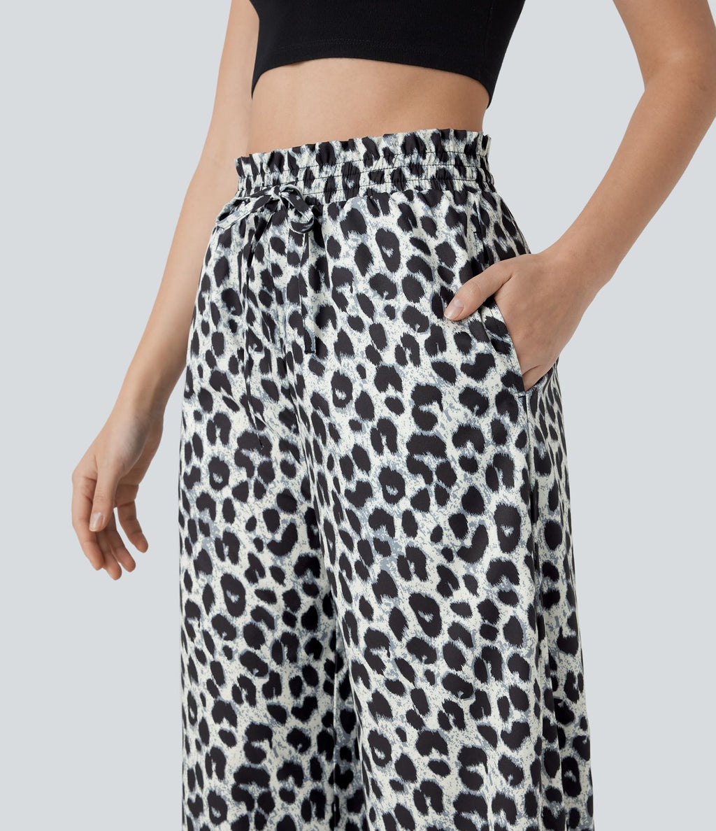 Pantalon large et fluide à imprimé léopard, taille haute avec cordon de serrage et poches latérales