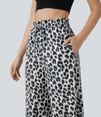 Pantalon large et fluide à imprimé léopard, taille haute avec cordon de serrage et poches latérales