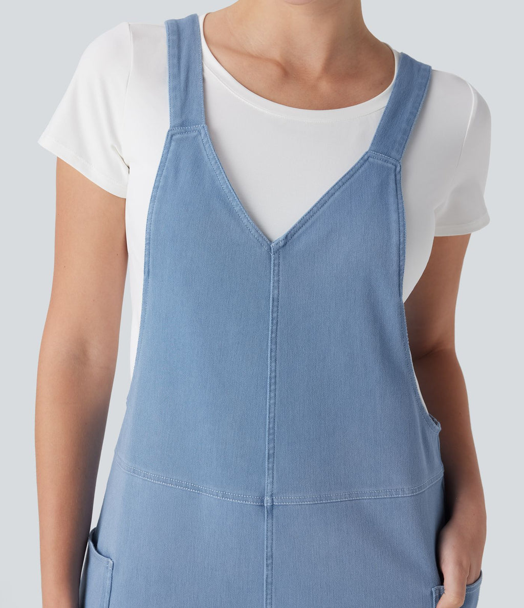 Salopette décontractée Halara Flex™ en denim extensible délavé, col V et poches latérales