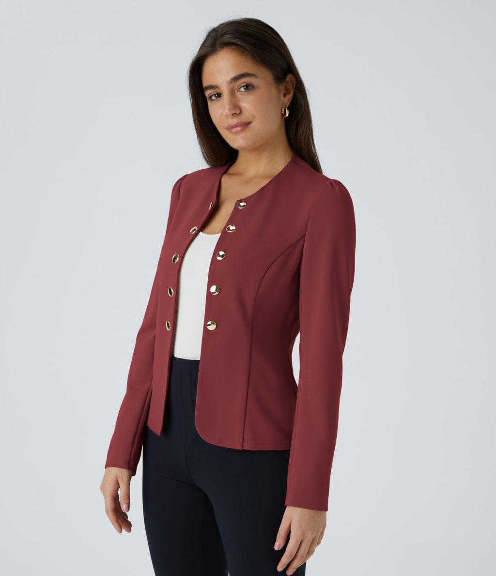 Blazer tailleur ajusté à col rond, manches longues avec boutons décoratifs