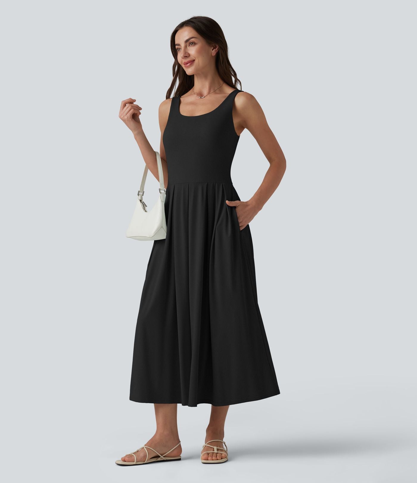 Robe midi fluide à bretelles col U avec brassière intégrée et poches