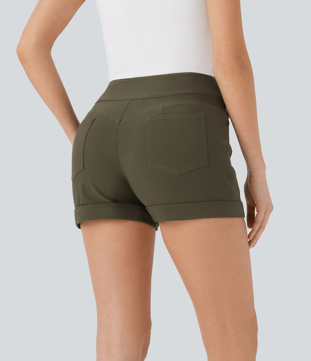 Short décontracté moulant taille haute avec boutons, ourlet roulé et poches