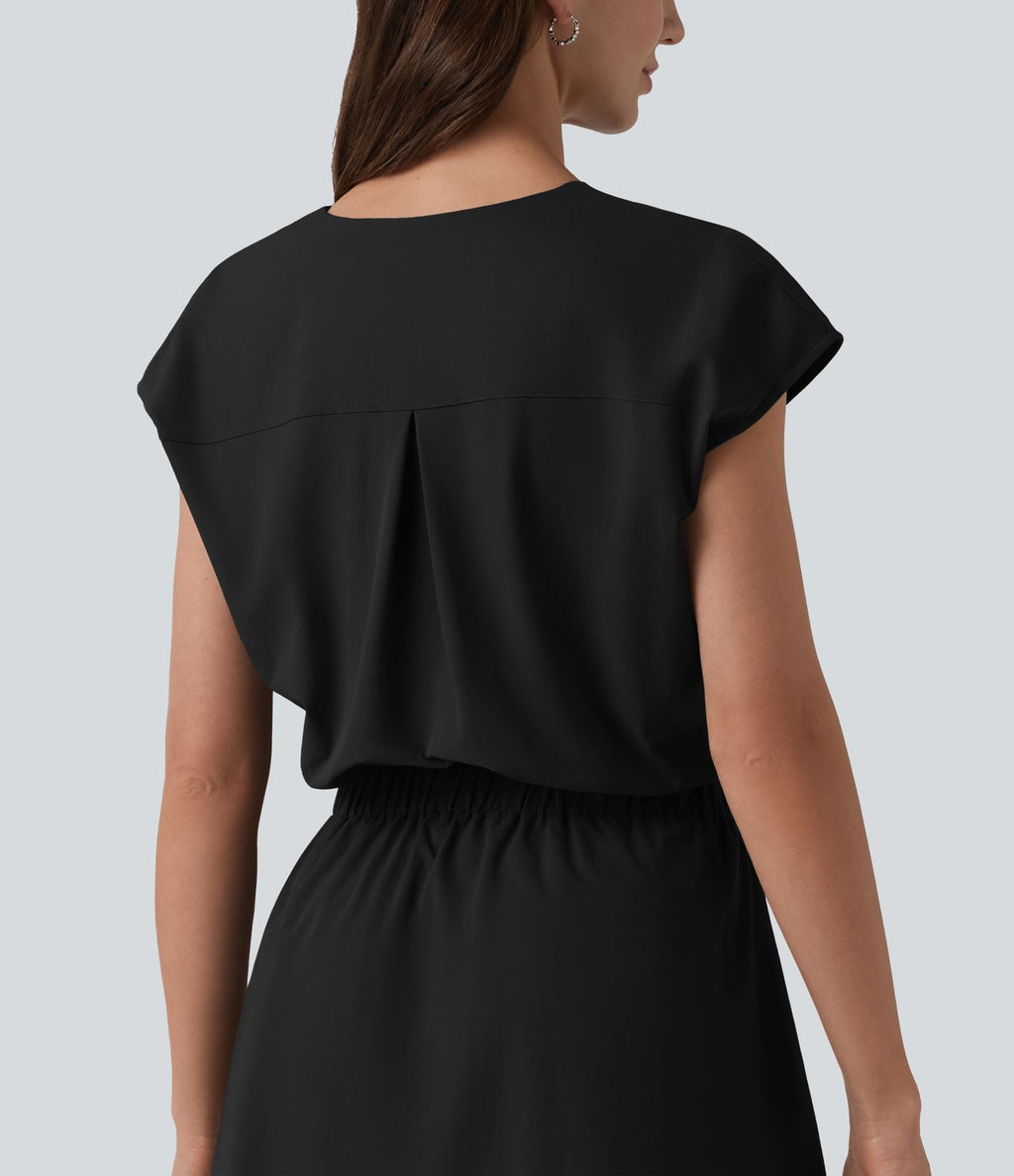 Robe col V manches courtes à découpes en popeline extensible avec poches