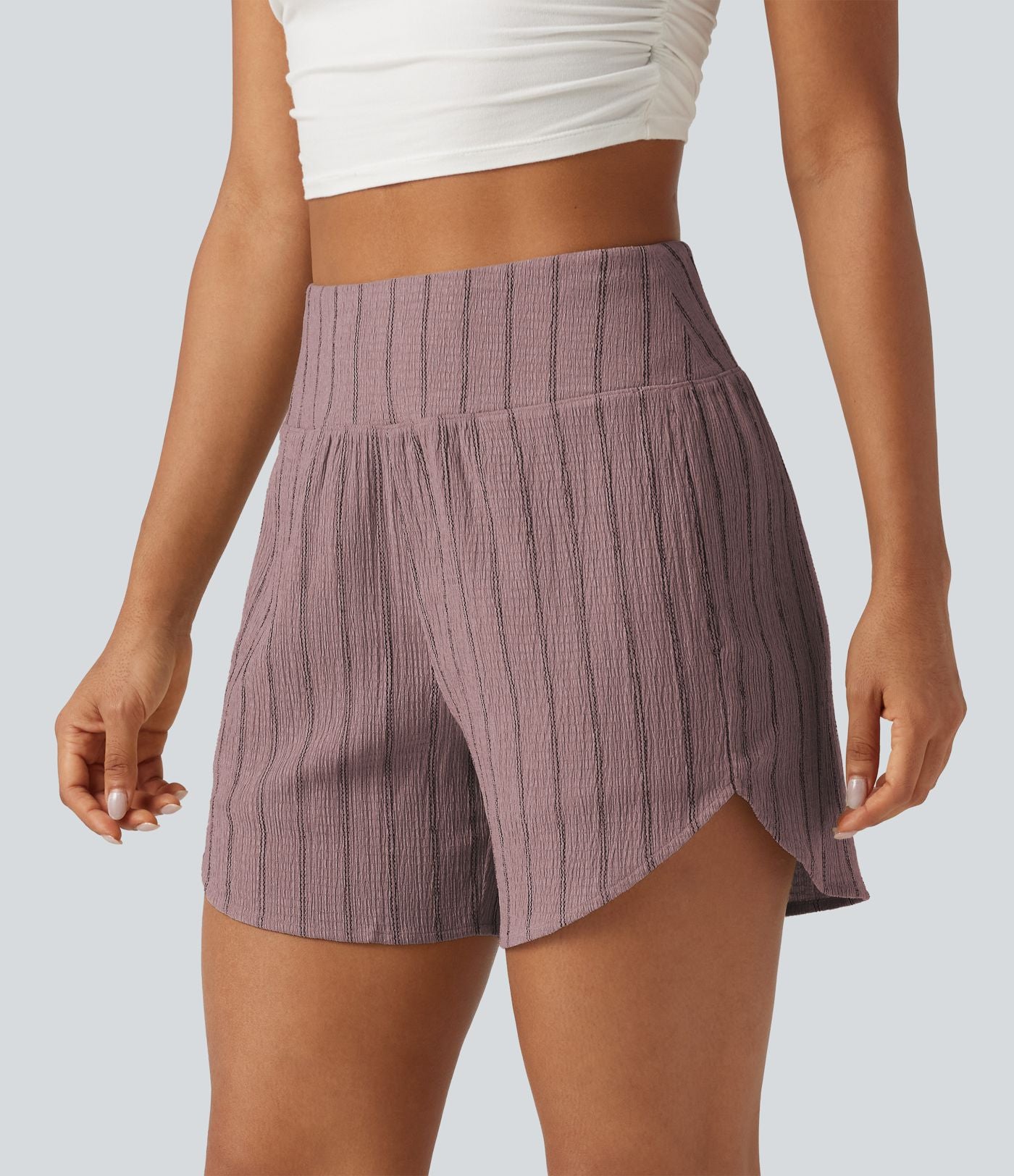 Short casual taille haute ourlet arrondi rayures avec poches