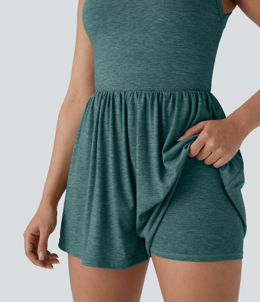 Combishort de villégiature 2-en-1 à dos nu, design torsadé, poches latérales - Édition Easy Peasy