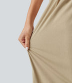 Pantalon large fluide casual raccourci taille haute avec ourlet arrondi, tissu extensible aspect lin et poches
