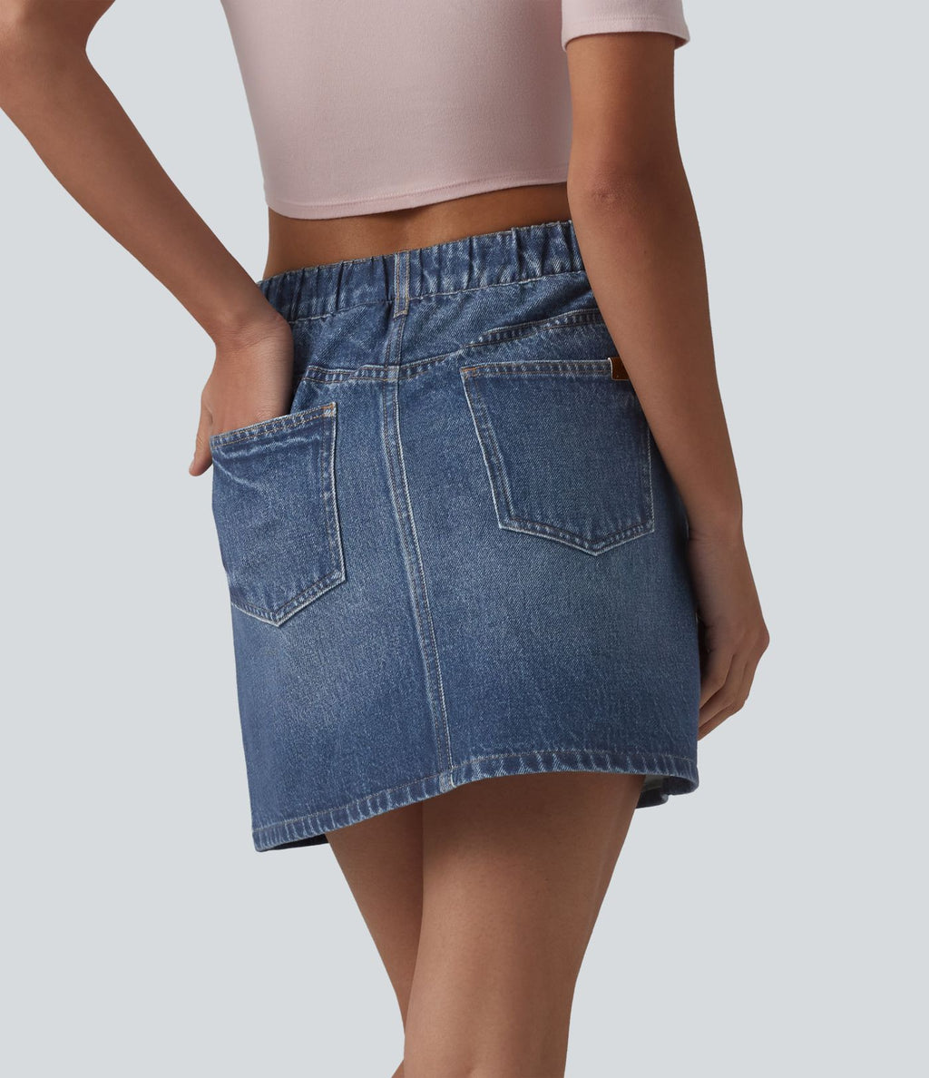 Jupe décontractée taille haute en denim imprimé, molleton français, avec poches