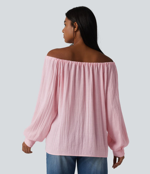 Blouse casual oversize aspect lin à épaules dénudées, lien noué et manches longues