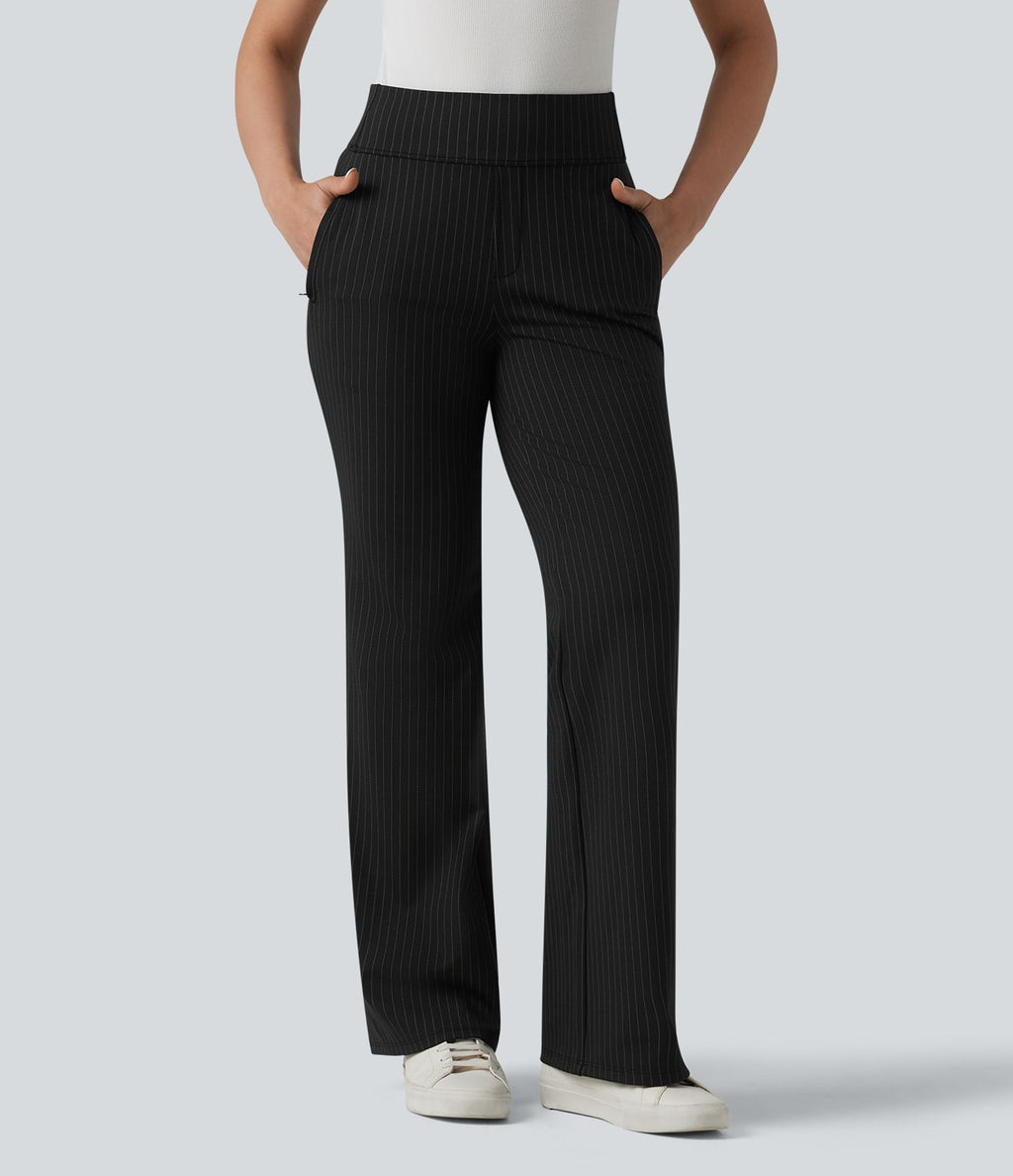 Pantalon tailleur évasé taille mi-haute à rayures, avec poches