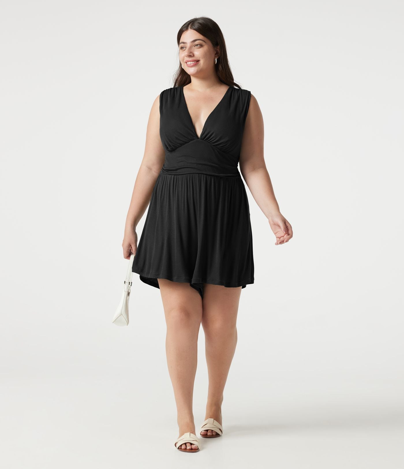 Combishort casual grande taille froncé côtelé sans manches à col V avec brassière intégrée et poches - Édition Easy Peasy