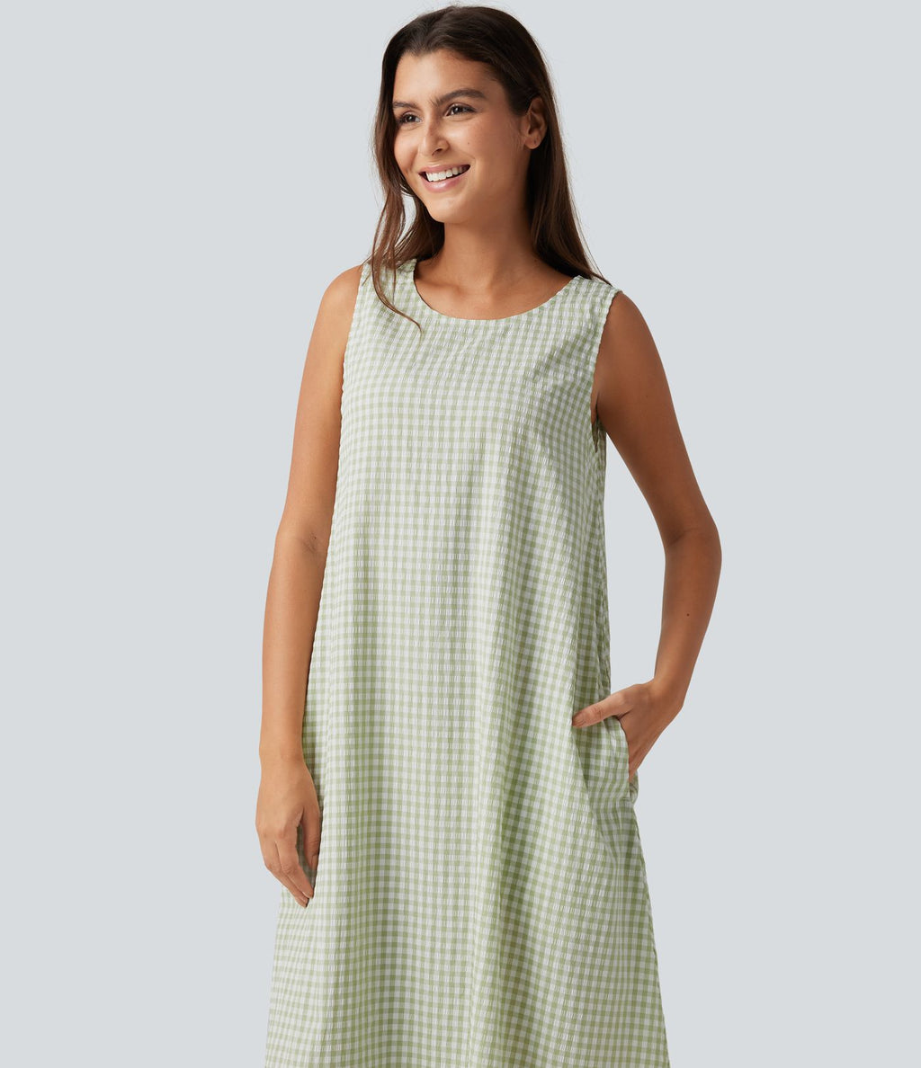 Robe débardeur midi décontractée en vichy froissé, col rond, sans manches, à poches
