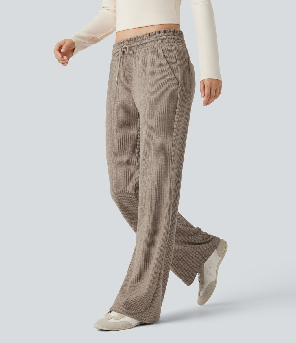 Pantalon décontracté bootcut côtelé, taille basse, cordon et poches