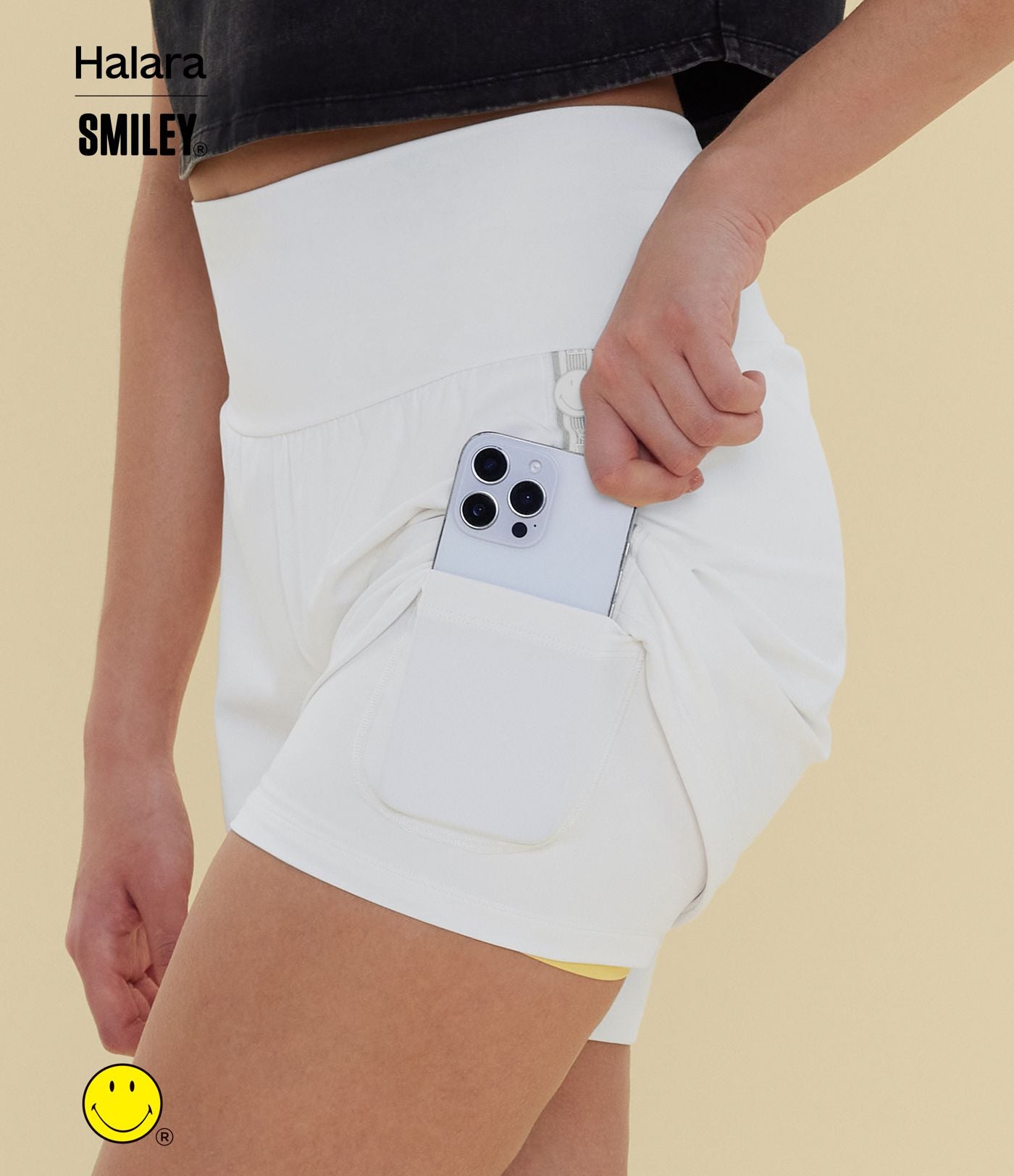 Short de yoga 2-en-1 Halara X Smiley® SoftlyZero™ Airy 12,5 cm taille très haute effet frais InstantCool avec poches, longueur allongée