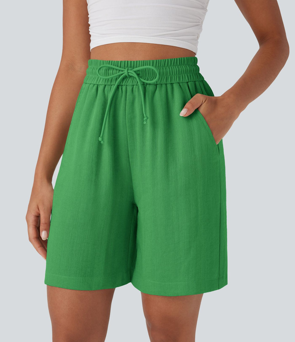 Short décontracté effet lin taille haute avec cordon de serrage et poches latérales