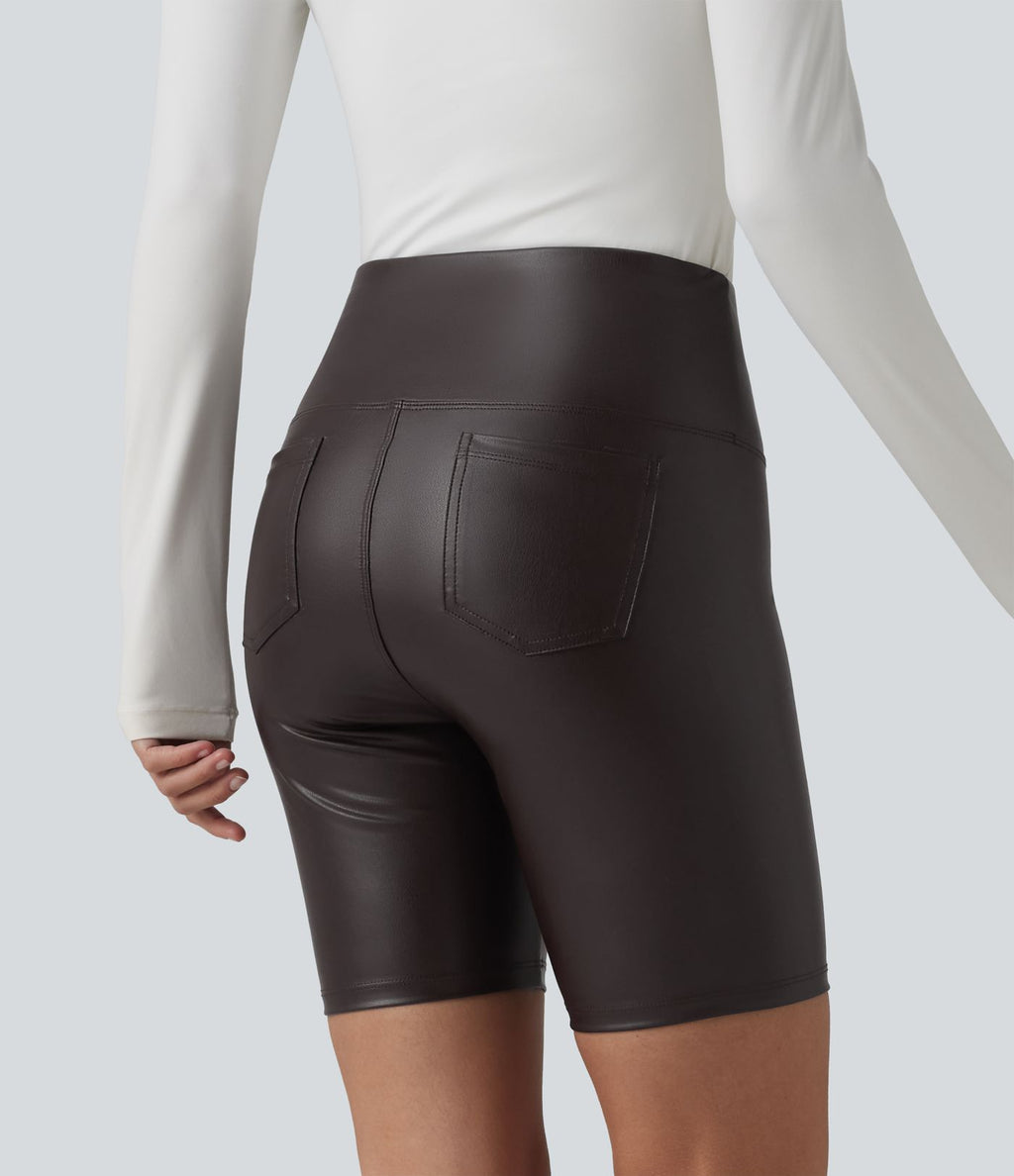 Short de cycliste casual en PU stretch gainant taille haute 17,5 cm avec poches