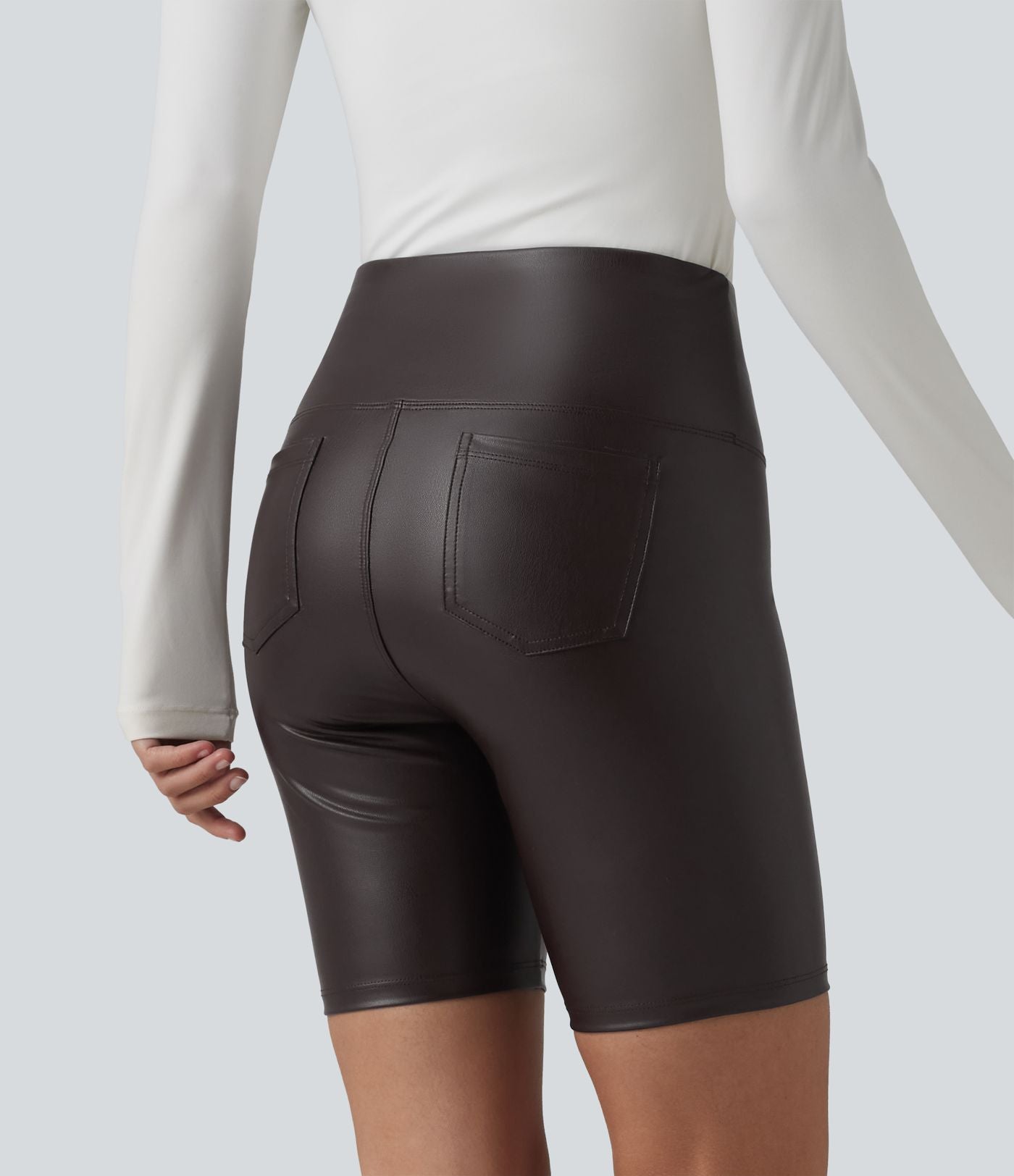 Short de cycliste casual en PU stretch gainant taille haute 17,5 cm avec poches