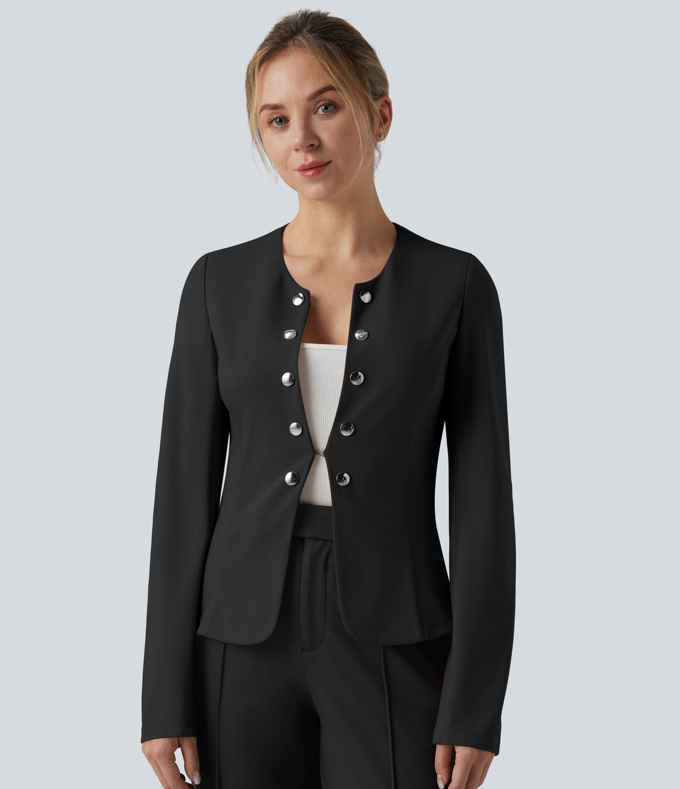 Blazer de travail col rond boutons décoratifs ourlet plissé