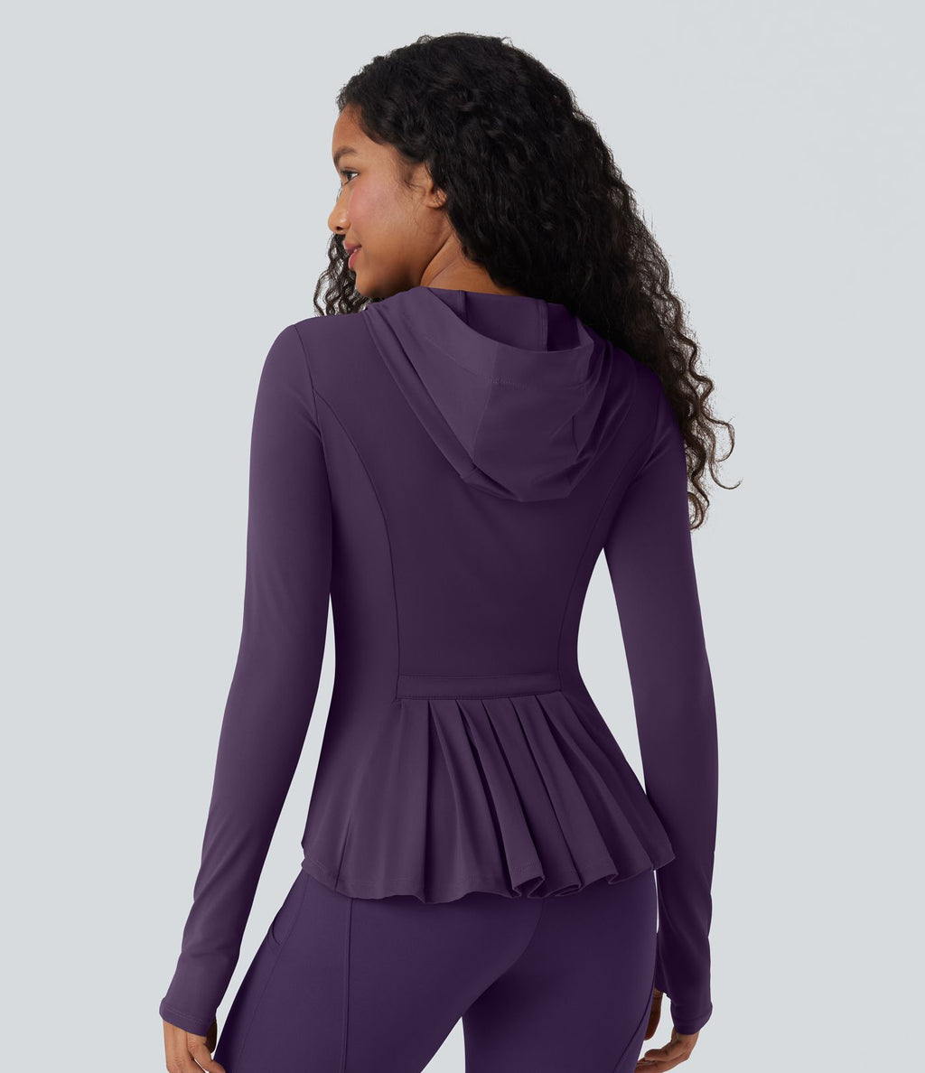 Veste SoftlyZero™ à capuche manches longues avec trous pouces détails plissés et poches-UPF50+
