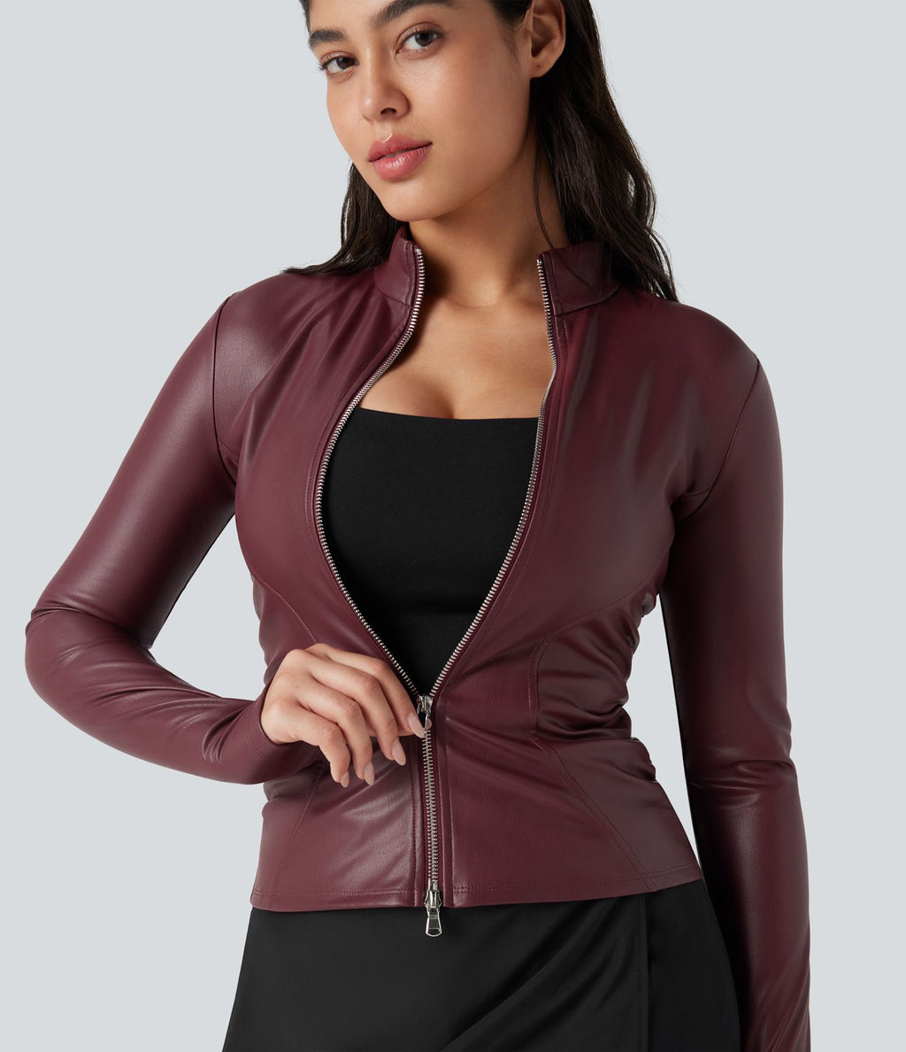 Veste décontractée en tissu enduit molleton col officier manches longues à trous pouces