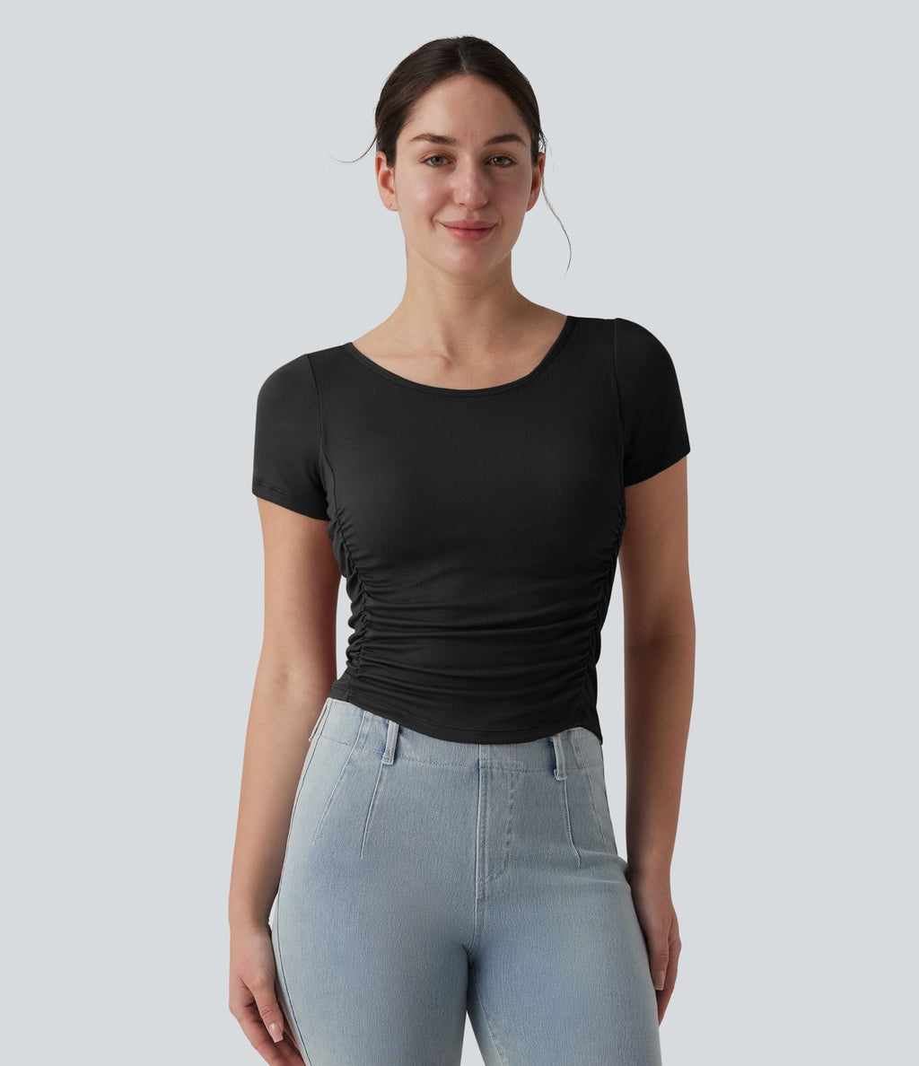 T-shirt casual ajusté côtelé col bateau manches courtes avec fronces et brassière intégrée