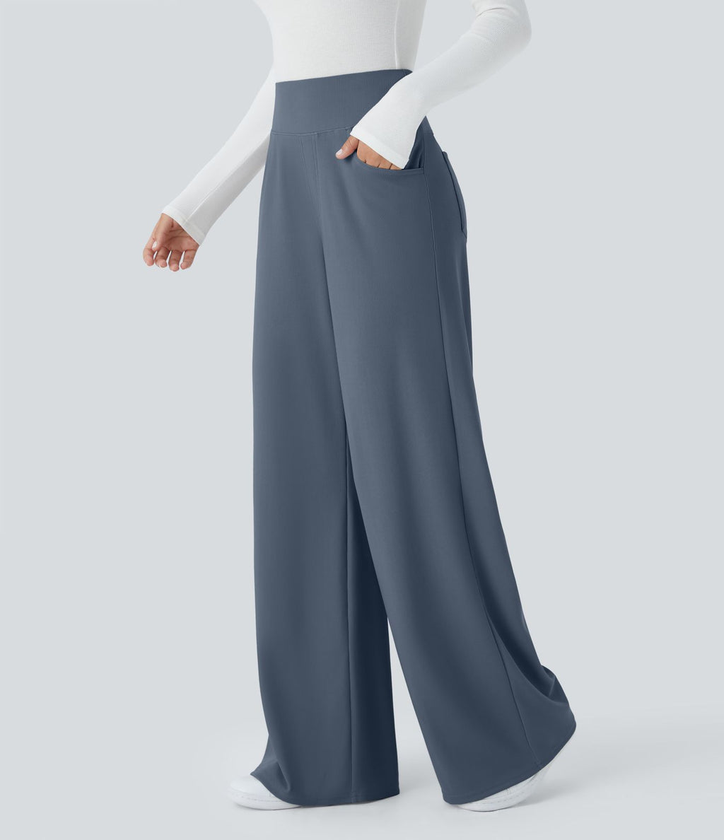 Pantalon tailleur large gainant taille haute en micro-gaufré avec poches Halara Flex™
