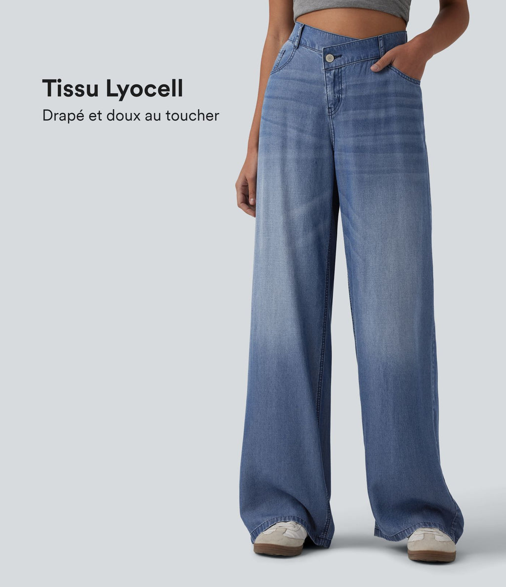 Jean large décontracté asymétrique en lyocell taille mi-haute drapé avec poches